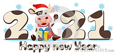 Christmas bull with a 2021 gift sits. Merry christmas and a happy new year Vector Illustration