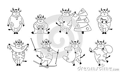Christmas bull outline set new year symbol vector Vector Illustration