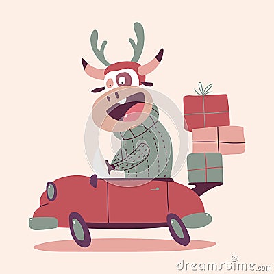 Christmas bull in red car vector character Vector Illustration