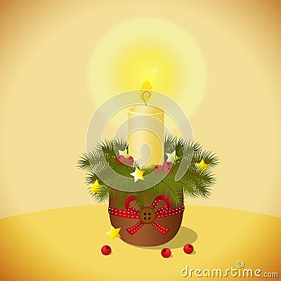 Christmas burning candle with fir branches Vector Illustration