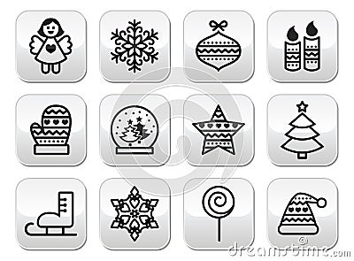 Christmas buttons with stroke - Xmas tree, angel, snowflake Stock Photo