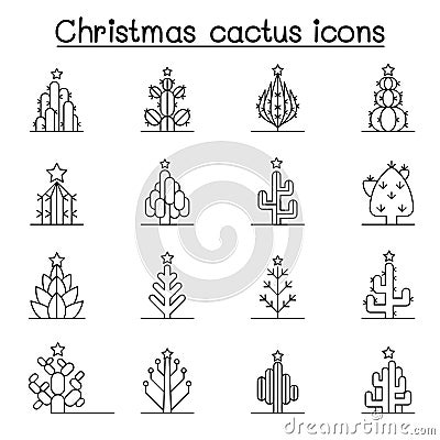 Christmas cactus icon set in thin line style Vector Illustration