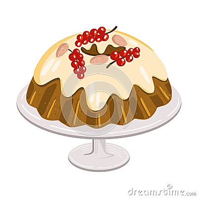 Christmas cake with berries and nuts on dish, traditional sweet bread. Vector Illustration