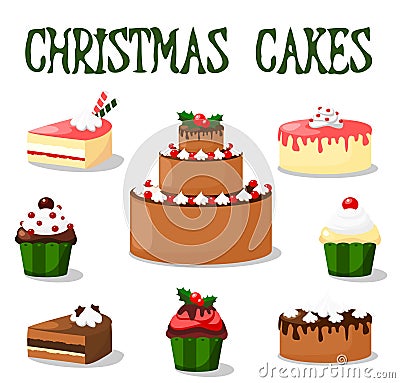 Christmas cake and cupcake set, icons, illustrati Vector Illustration