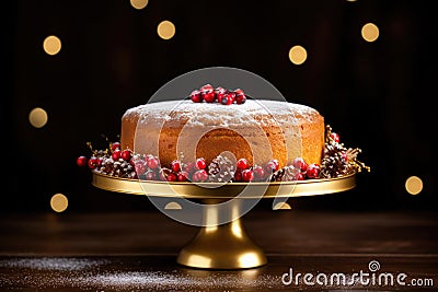 Christmas cake on golden cake stand Stock Photo