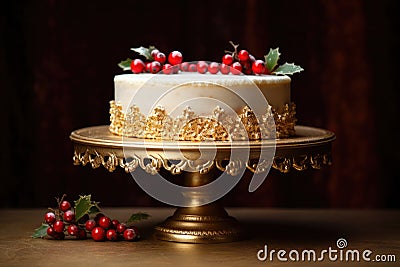 Christmas cake on golden cake stand Stock Photo