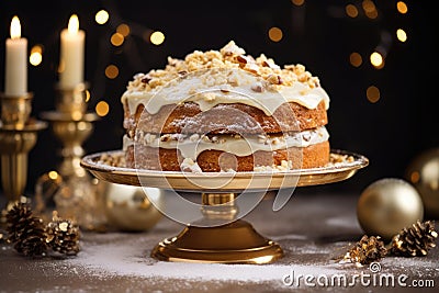 Christmas cake on golden cake stand Stock Photo