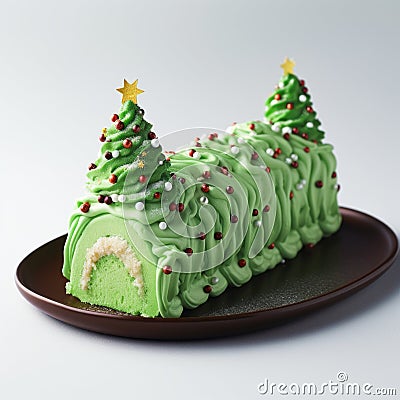 Green Christmas Tree Yule Log Cake With Sprinkles Stock Photo
