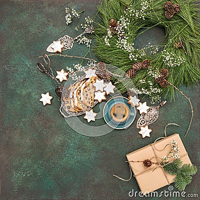 Christmas cake Stollen star cookies coffee decoration Holidays f Stock Photo