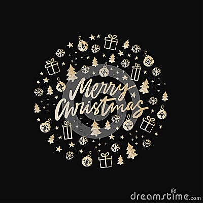 Christmas calligraphy with hand drawn elements. Cartoon Illustration