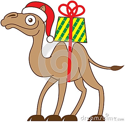 Christmas camel carrying a gift on his back Vector Illustration