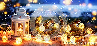 Christmas candle lantern, Christmas and New Year background, Banner. Stock Photo