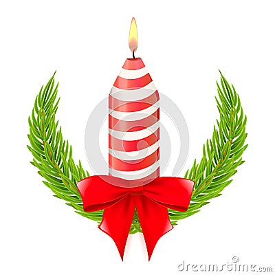 Christmas candle with stripes, bow and fir branches. Design elelement for New Year greeting cards. Isolated and editable vector Vector Illustration