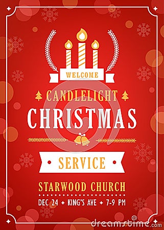 Christmas Candlelight Service Church Invitation. Vector Illustration