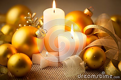 Christmas candles background with glitter and baubles Stock Photo