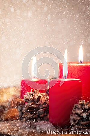 Christmas candles with christmas decorations, christmas or new year atmosphere Stock Photo