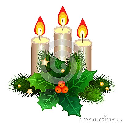 Christmas candles with fir branches and holly berries. Vector Vector Illustration