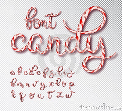 Christmas candy cane lettering. Font set with caramel letter . Sweet 3d alphabet isolated . Vector illustration 10 EPS Vector Illustration