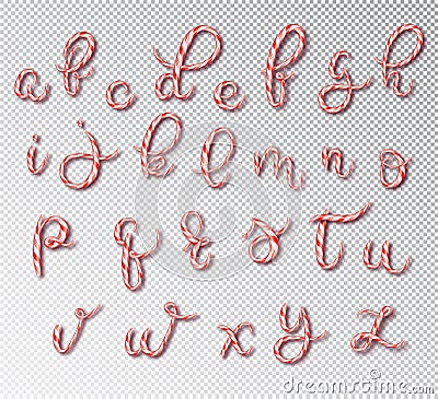 Christmas candy cane lettering. Font set with caramel letter . Sweet 3d alphabet isolated . Vector illustration 10 EPS Vector Illustration