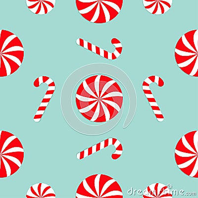 Christmas Candy Cane Round white and red sweet set. Seamless Pattern Decoration. Wrapping paper, textile template. Blue background Vector Illustration