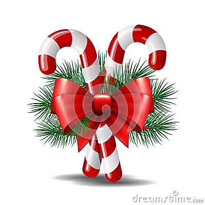 Christmas candy canes with red bow isolated on white. Vector Illustration