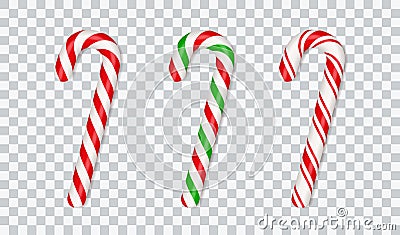Christmas candy canes. Christmas stick. Traditional xmas candy with red, green and white stripes. Santa caramel cane Vector Illustration