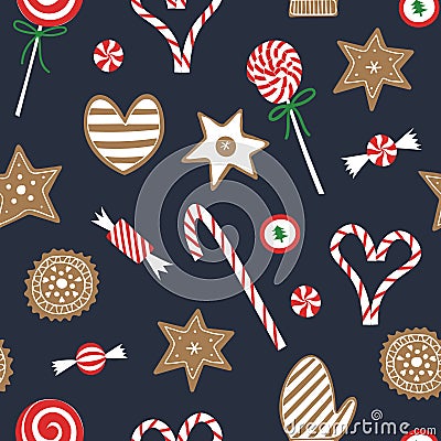 Christmas candy and cookie seamless pattern. Flat red and white sweet cane, lollipop, bonbons. Vector Illustration