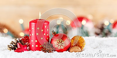 Christmas card advent time with burning candle panorama decoration and copyspace copy space Stock Photo