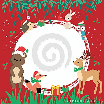 Happy New Year card with cute cartoon animals - symbol of the year with gifts. Vector red background. Cartoon Illustration