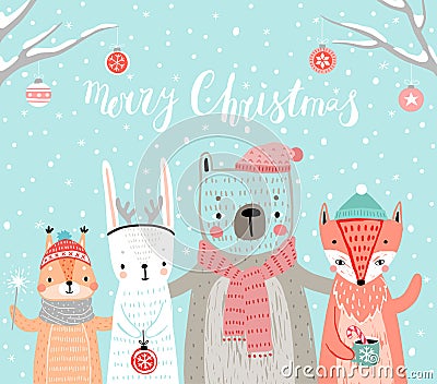 Christmas card with animals, hand drawn style. Woodland characters, rabbit, bear,fox and squirrel Vector Illustration