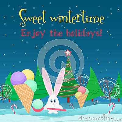 Christmas card background. Rabbit with ice cream candy in the christmas tree night forest. Vector Illustration