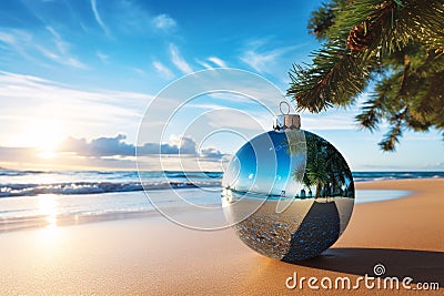 Christmas card with christmas ball looking like earth with beautiful beach background. Stock Photo