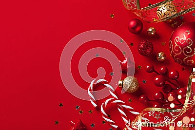 Christmas card or banner. Christmas decorations on red background Stock Photo