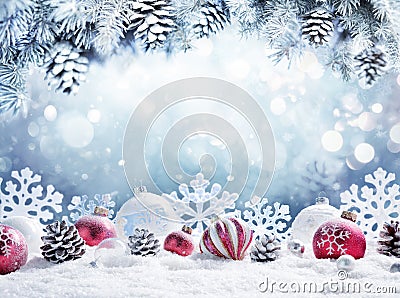 Christmas Card - Baubles On Snow Stock Photo