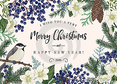 Christmas card with bird. Vector Illustration