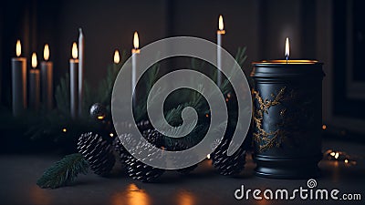 Christmas card with candles, spruce branches and cones on a dark background. AI generation Stock Photo