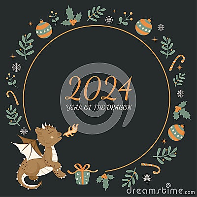 Christmas card in cartoon style. A fire-breathing fairy-tale dragon. A little dinosaur Stock Photo