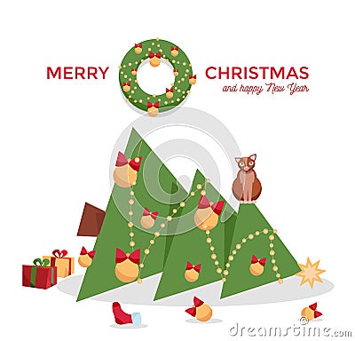 Christmas card - cat dropped the Christmas tree and sits on it on a white background. Greeting inscription decorated with fir Vector Illustration