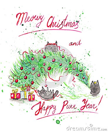 Christmas card. Cats dropped the Christmas tree Cartoon Illustration