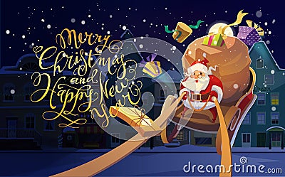 Christmas Card. Christmas background with Santa driving his sleigh and gives presents and gifts. Winter night city in Vector Illustration