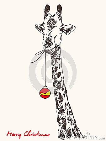 Christmas card giraffe with xmas ball hanging from his mouth Vector Illustration