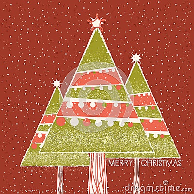 Christmas card with christmas trees decoration on red background Vector Illustration