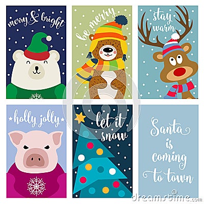 Christmas card collection with animals and wishes Vector Illustration