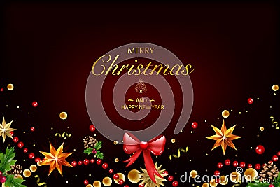 Christmas card with a composition of festive elements such as gold star Vector Illustration