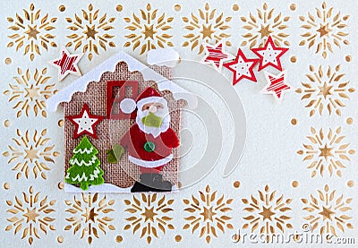 Christmas Card with Copy Space, Decoration Santa Claus, Tree, Stars and Little Haus Stock Photo