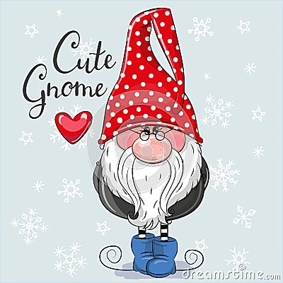 Christmas card Cute Cartoon Gnome on a blue background Vector Illustration