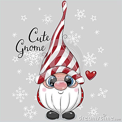 Christmas card Cute Cartoon Gnome on a gray background Vector Illustration