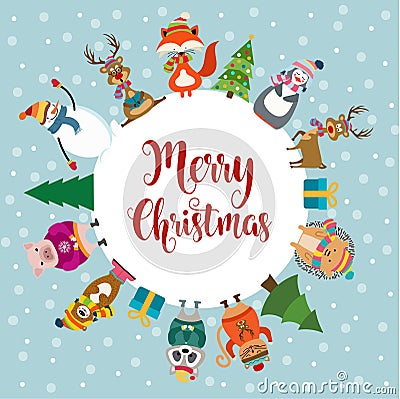 Christmas card with cute dressed animals and wishes Vector Illustration