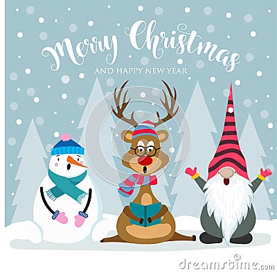 Christmas card with cute gnome, reindeer and snowman Vector Illustration