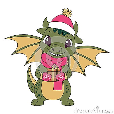 Christmas card with a cute green dragon symbol of 2024. Funny green dragon with a gift. Merry Christmas and Happy New Vector Illustration